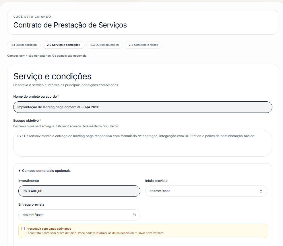 Preenchimento guiado de um contrato de prestação de serviços na Clausa